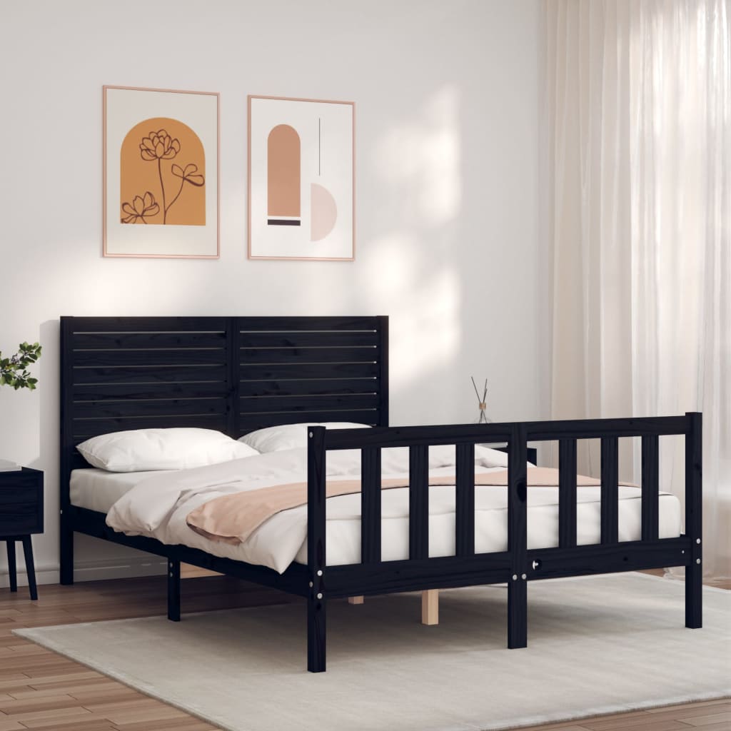 Bed Frame without Mattress Black Double Solid Wood Pine