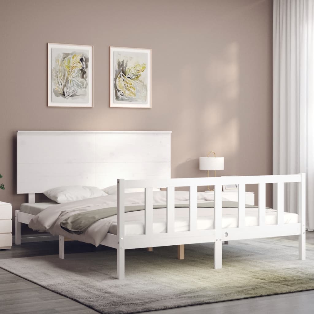 Bed Frame without Mattress White King Size Solid Wood Pine