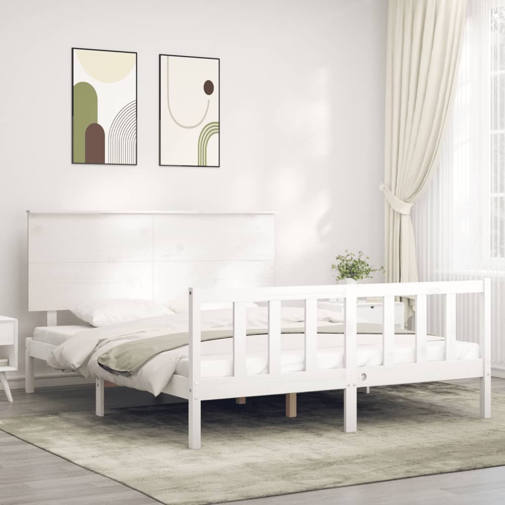 Bed Frame without Mattress White King Size Solid Wood Pine