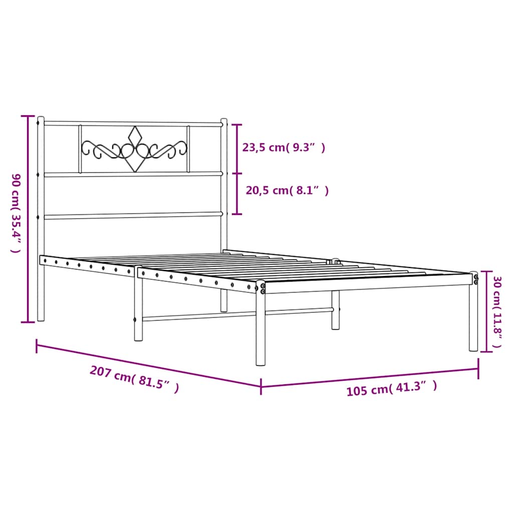 Metal Bed Frame without Mattress with Headboard Black 100x200cm