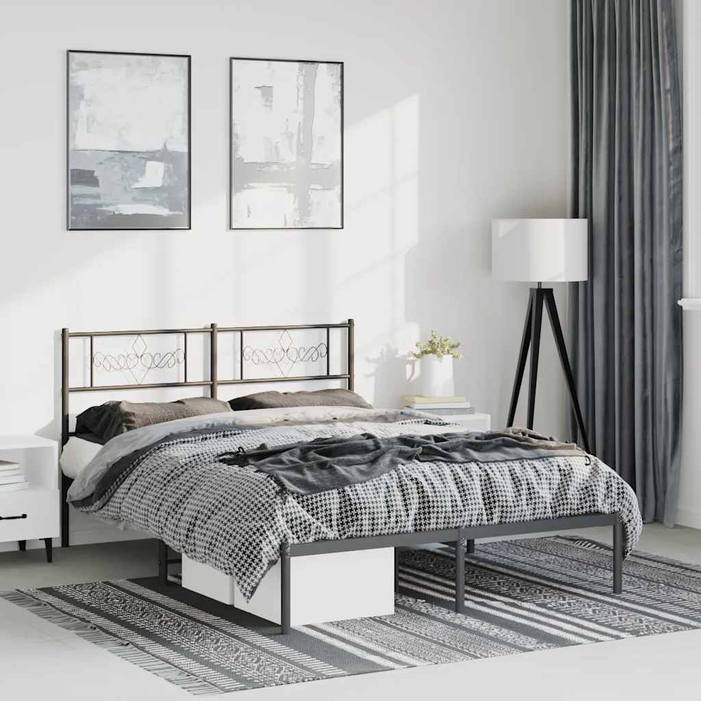 Metal Bed Frame without Mattress with Headboard Black 135x190cm