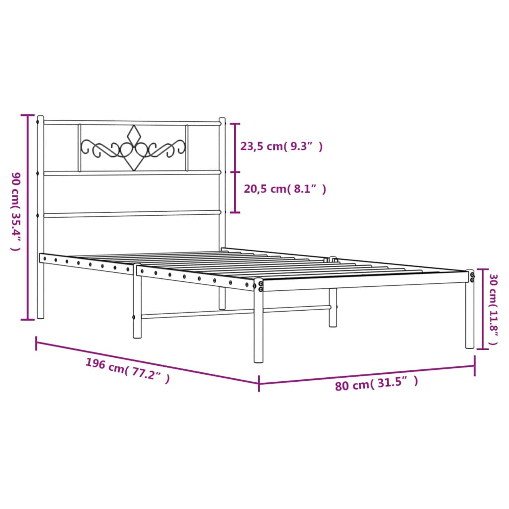 Metal Bed Frame without Mattress with Headboard White 75x190cm