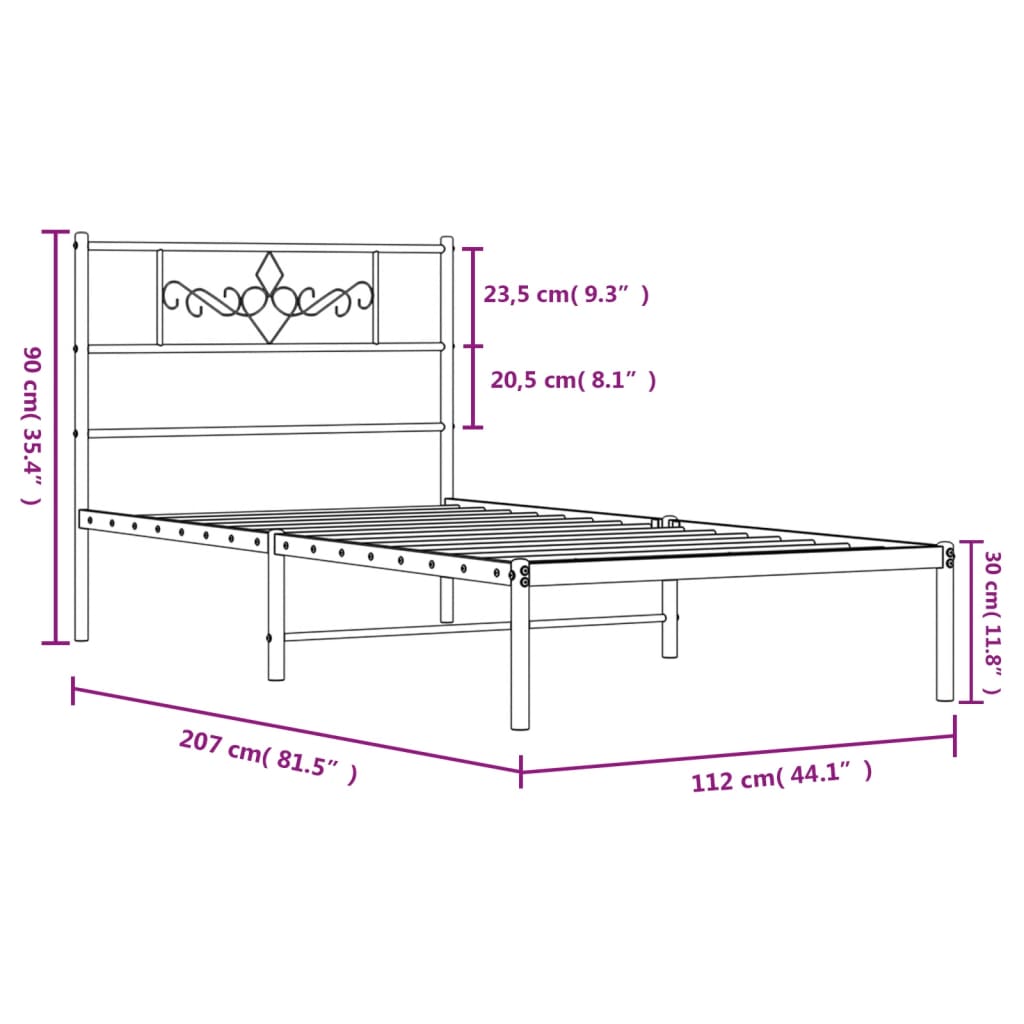 Metal Bed Frame without Mattress with Headboard White 107x203cm
