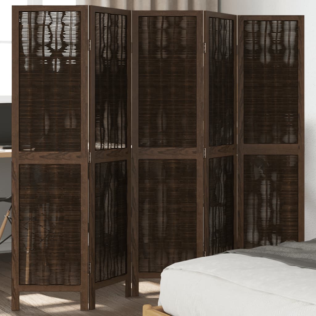 Room Divider 5 Panels Dark Brown Solid Wood Paulownia