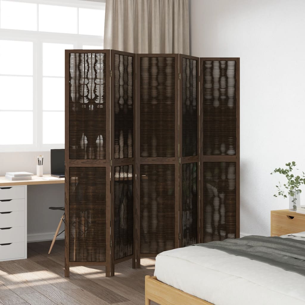 Room Divider 5 Panels Dark Brown Solid Wood Paulownia