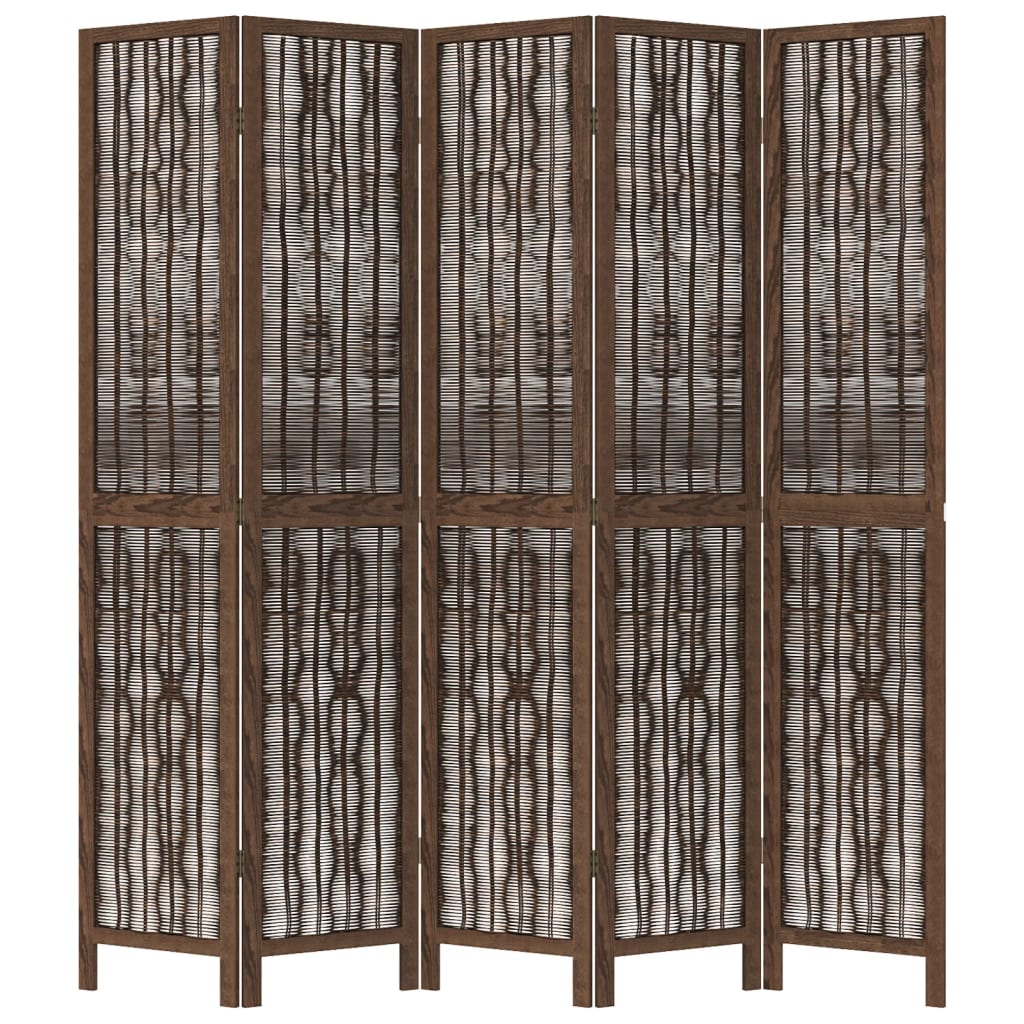 Room Divider 5 Panels Dark Brown Solid Wood Paulownia