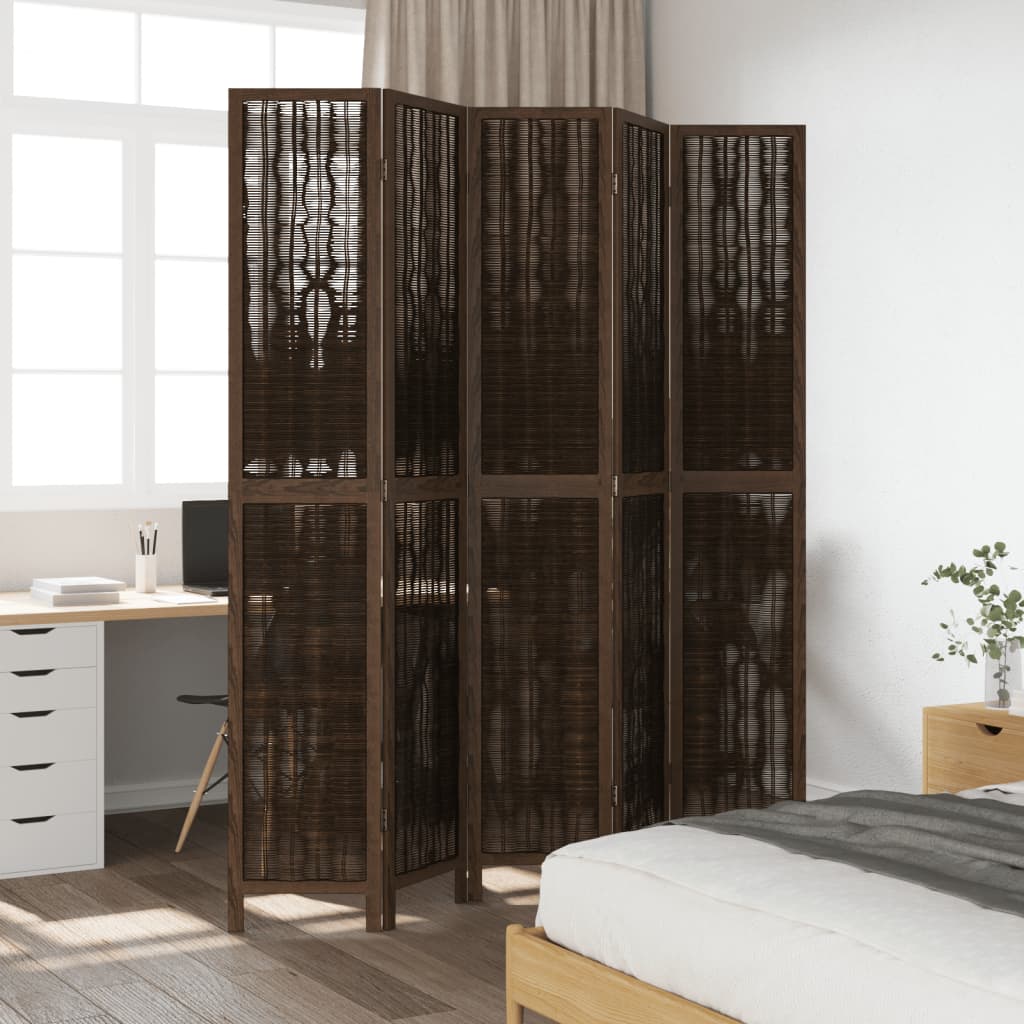 Room Divider 5 Panels Dark Brown Solid Wood Paulownia