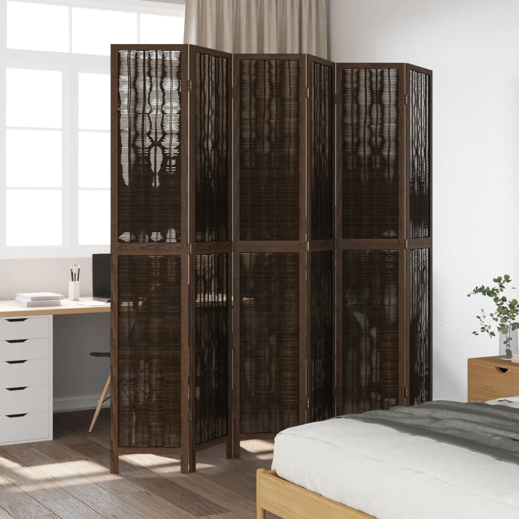 Room Divider 6 Panels Dark Brown Solid Wood Paulownia