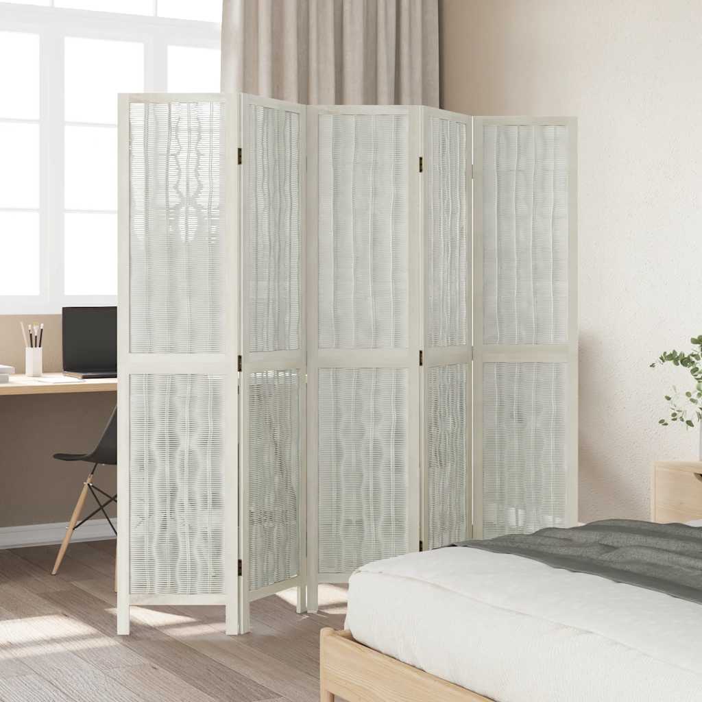 Room Divider 5 Panels White Solid Wood Paulownia