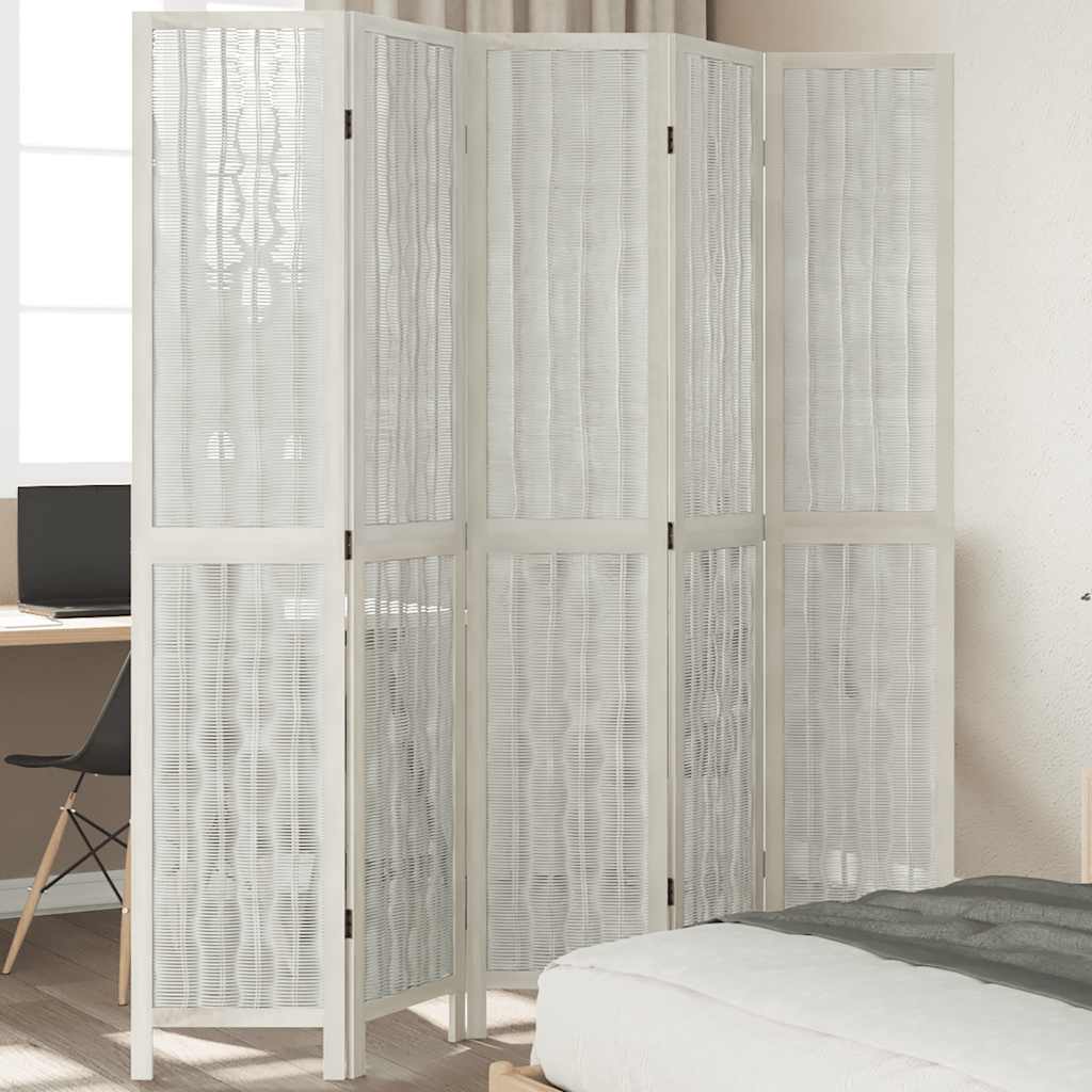 Room Divider 5 Panels White Solid Wood Paulownia