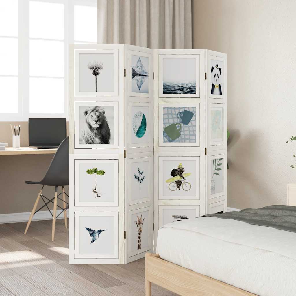 Room Divider 4 Panels White Solid Wood Paulownia