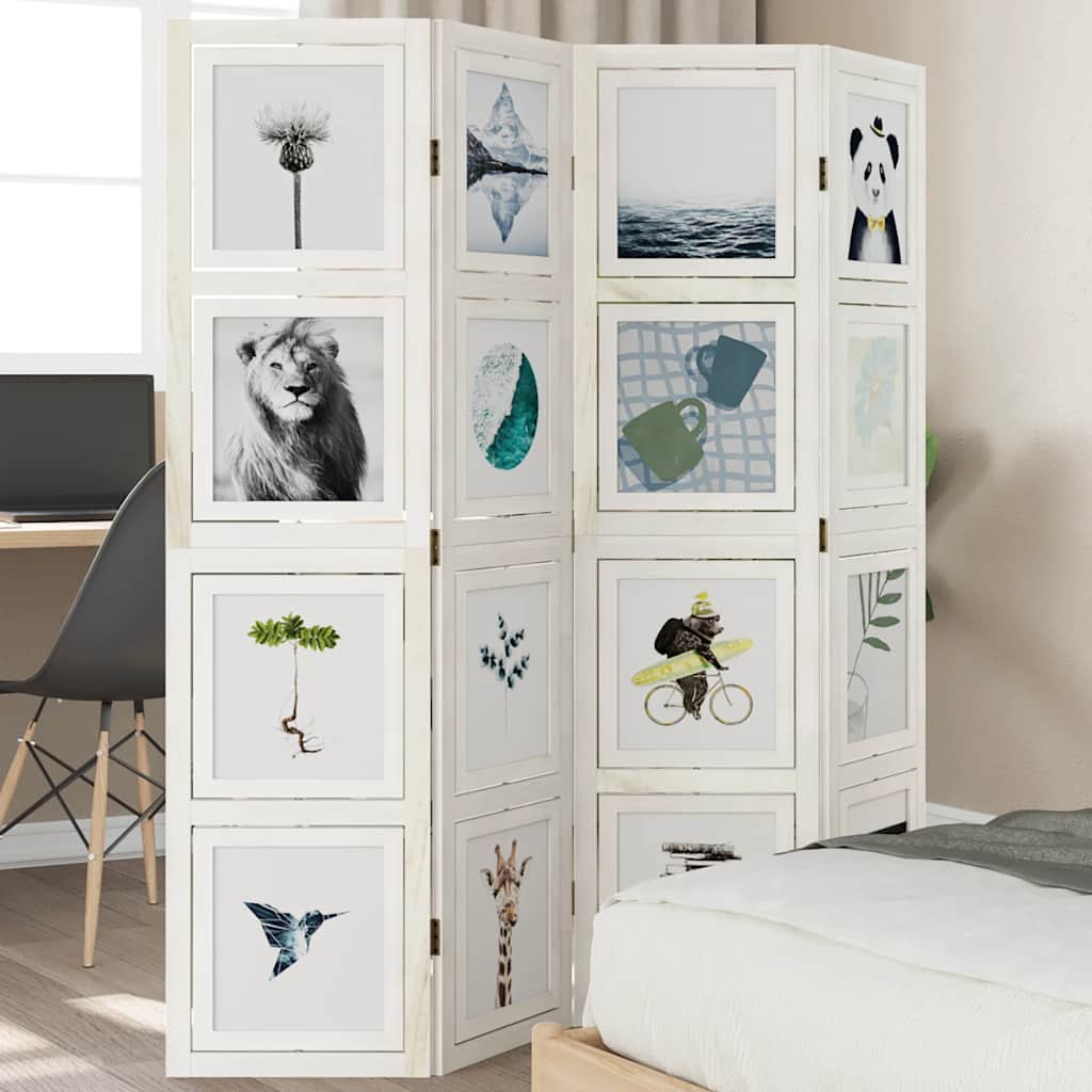 Room Divider 4 Panels White Solid Wood Paulownia