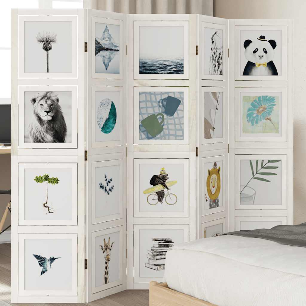 Room Divider 5 Panels White Solid Wood Paulownia