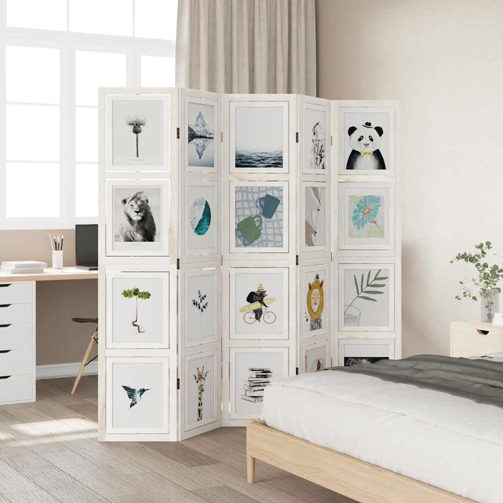 Room Divider 5 Panels White Solid Wood Paulownia