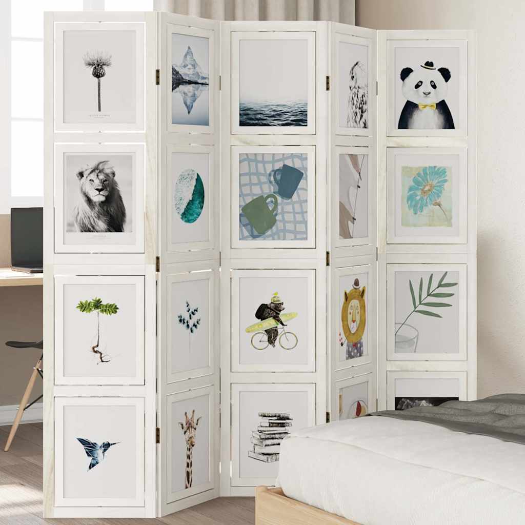 Room Divider 5 Panels White Solid Wood Paulownia