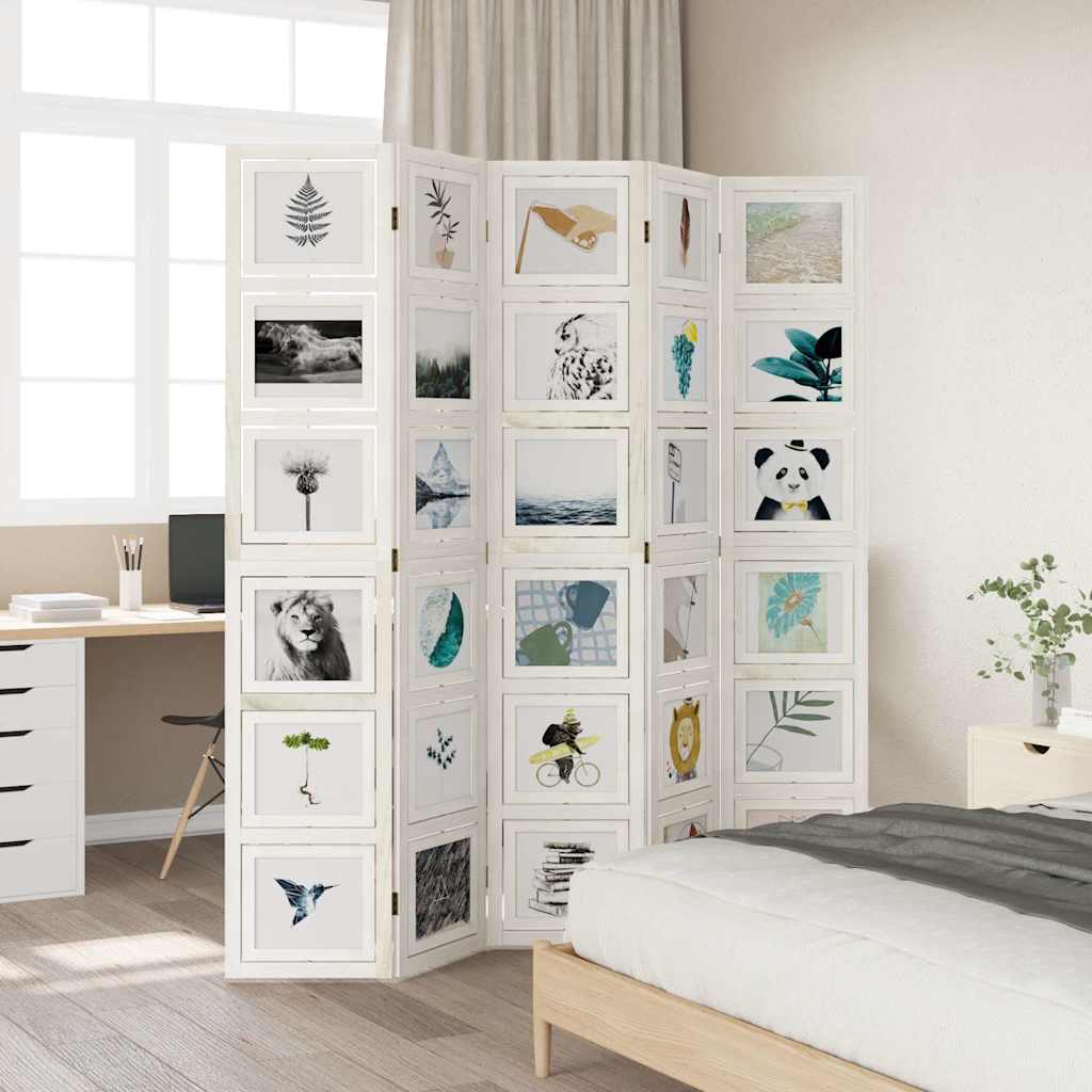 Room Divider 5 Panels White Solid Wood Paulownia