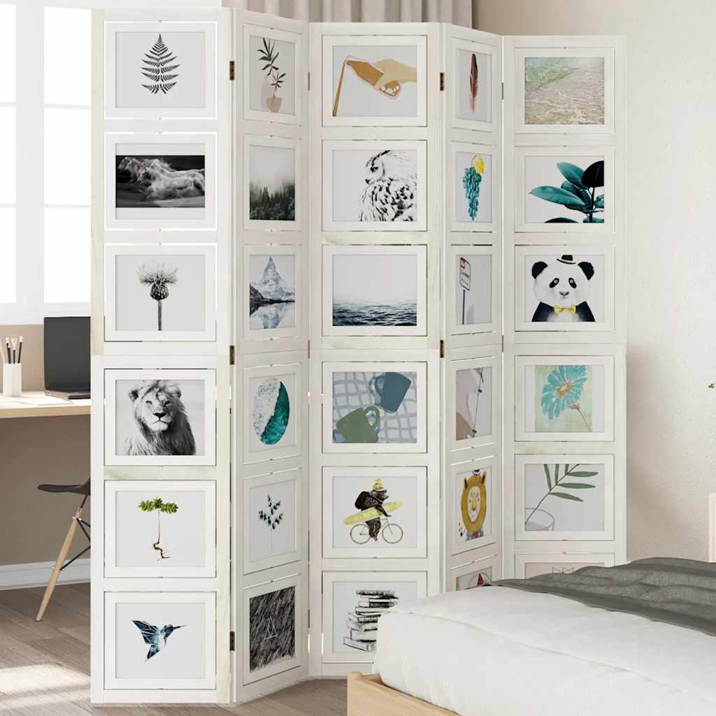 Room Divider 5 Panels White Solid Wood Paulownia