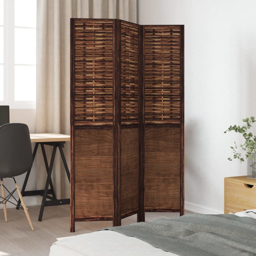 Room Divider 3 Panels Dark Brown Solid Wood Paulownia
