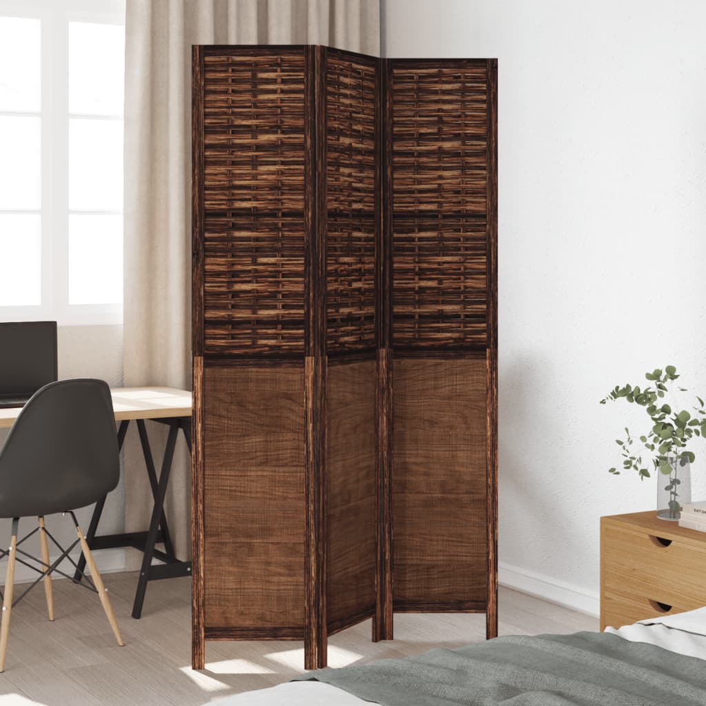 Room Divider 3 Panels Dark Brown Solid Wood Paulownia