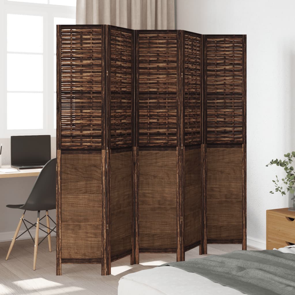 Room Divider 5 Panels Dark Brown Solid Wood Paulownia