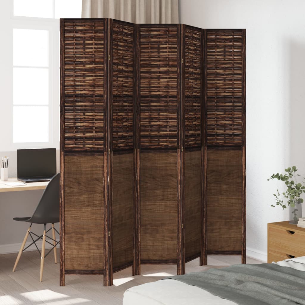 Room Divider 5 Panels Dark Brown Solid Wood Paulownia