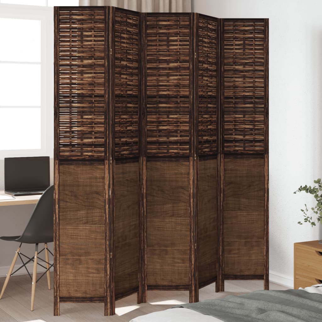 Room Divider 5 Panels Dark Brown Solid Wood Paulownia