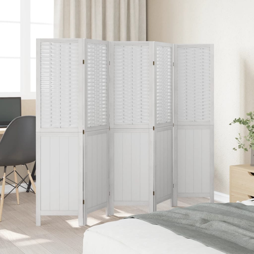 Room Divider 5 Panels White Solid Wood Paulownia