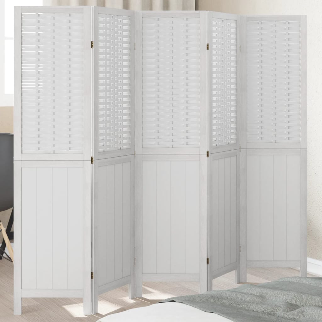 Room Divider 5 Panels White Solid Wood Paulownia