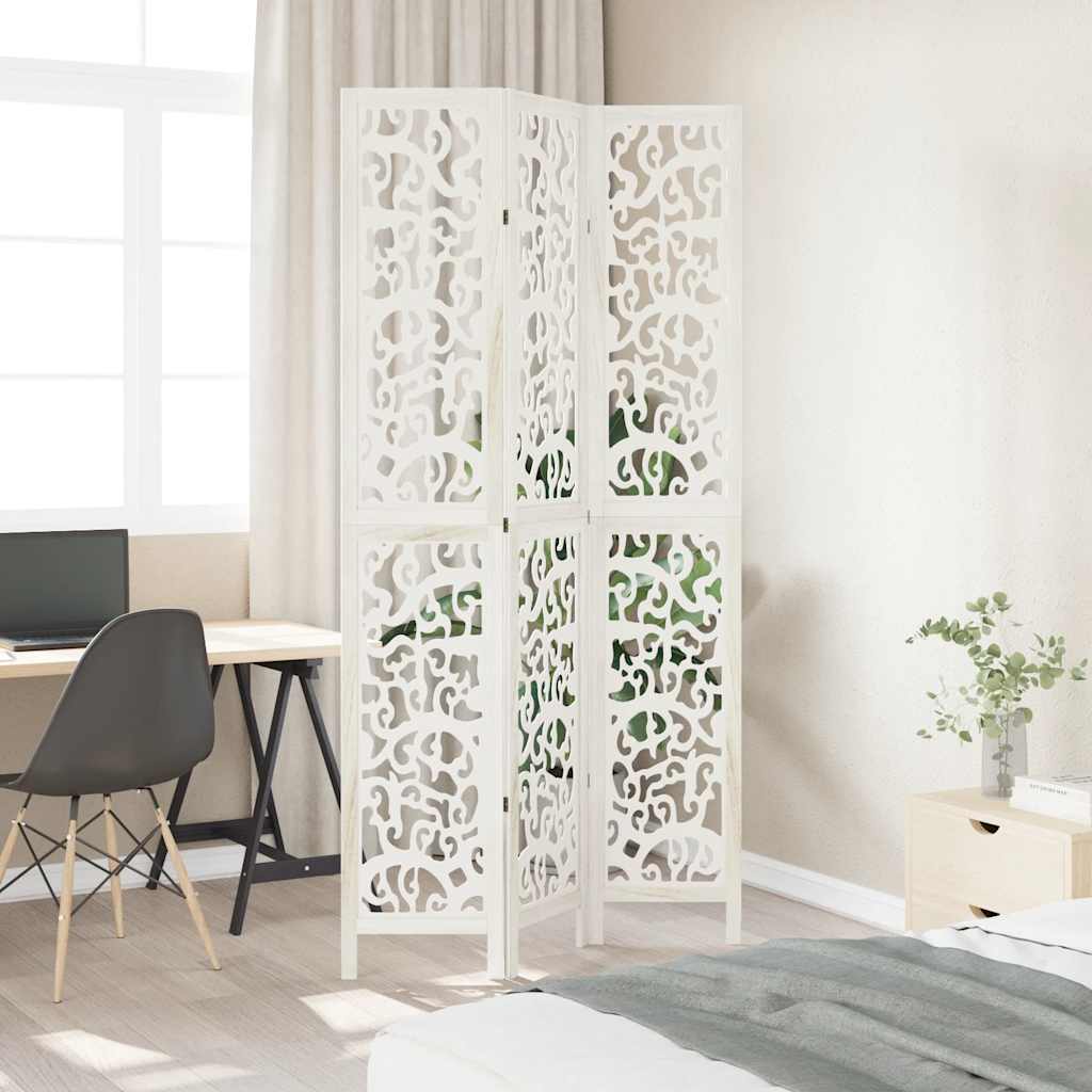 Room Divider 3 Panels White Solid Wood Paulownia
