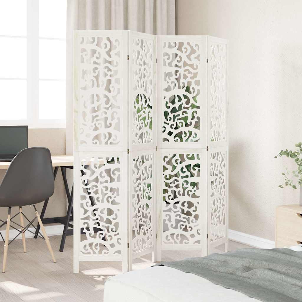 Room Divider 4 Panels White Solid Wood Paulownia