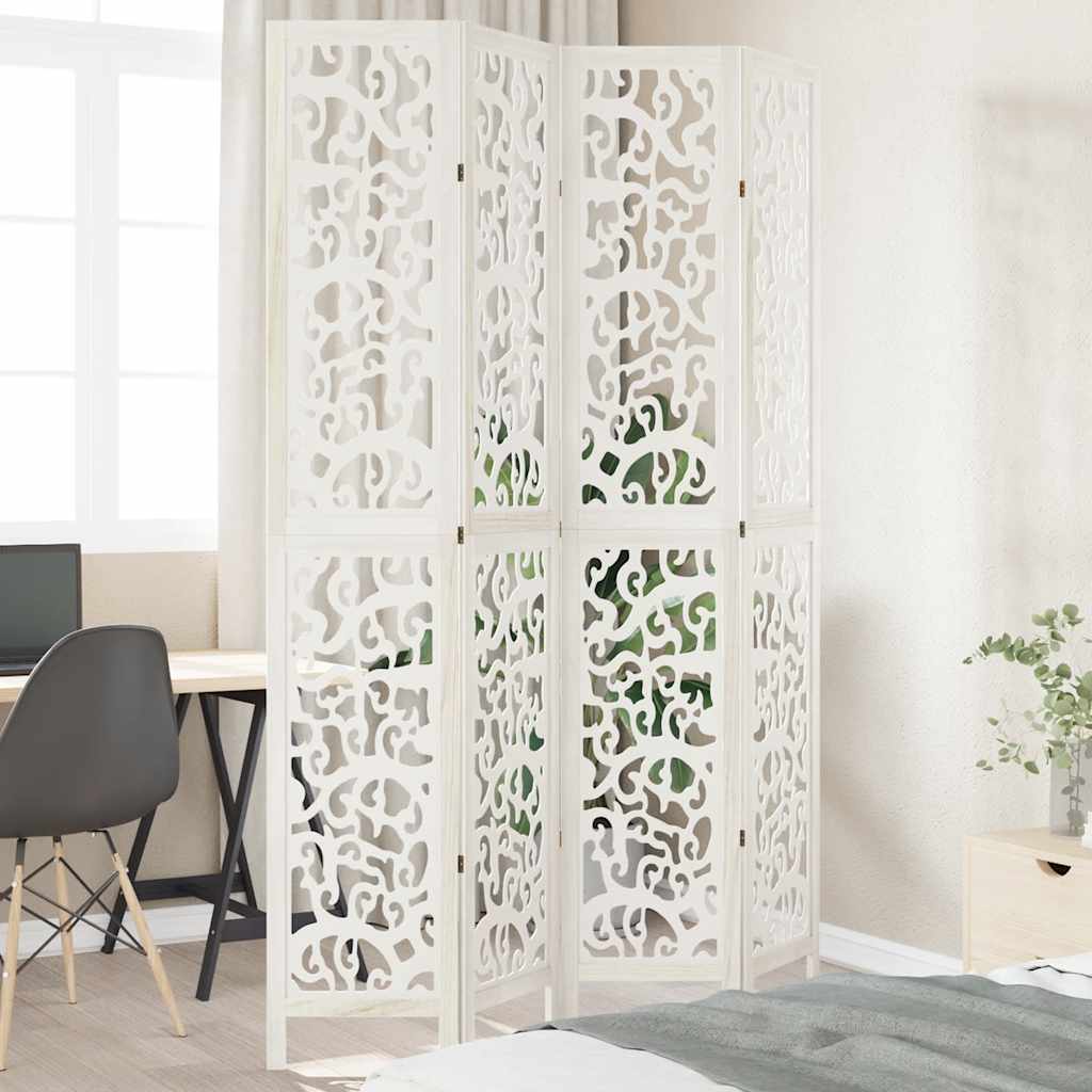 Room Divider 4 Panels White Solid Wood Paulownia