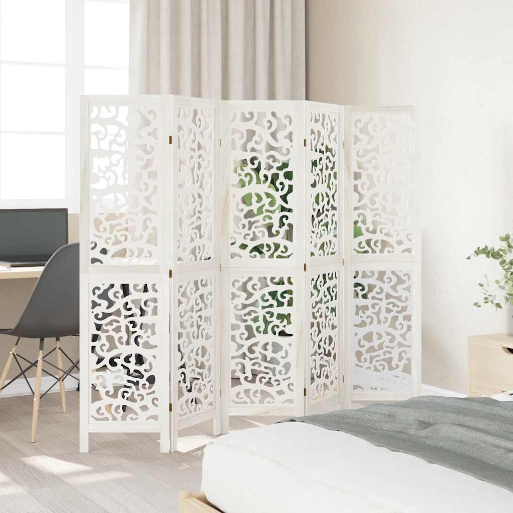 Room Divider 5 Panels White Solid Wood Paulownia