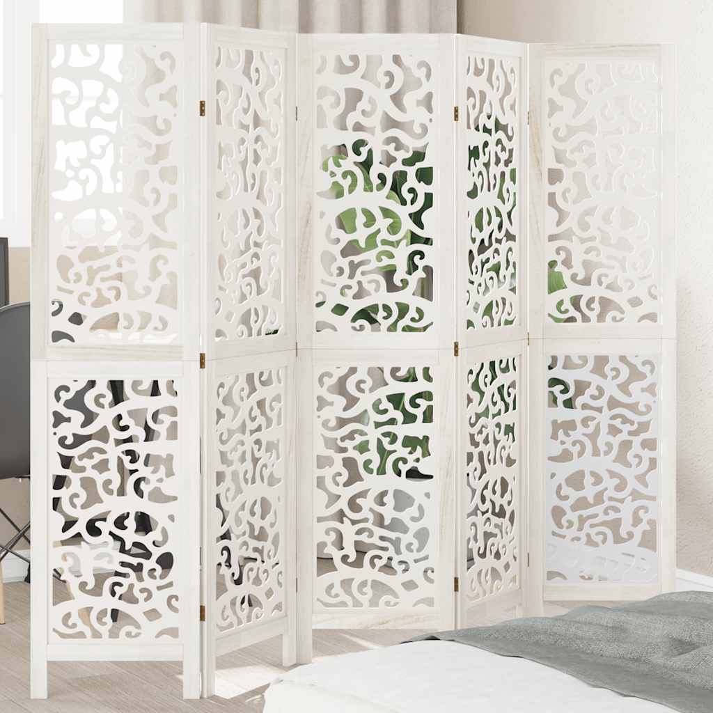 Room Divider 5 Panels White Solid Wood Paulownia