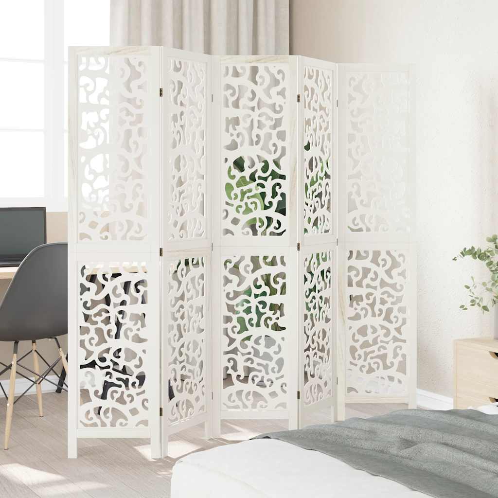 Room Divider 5 Panels White Solid Wood Paulownia