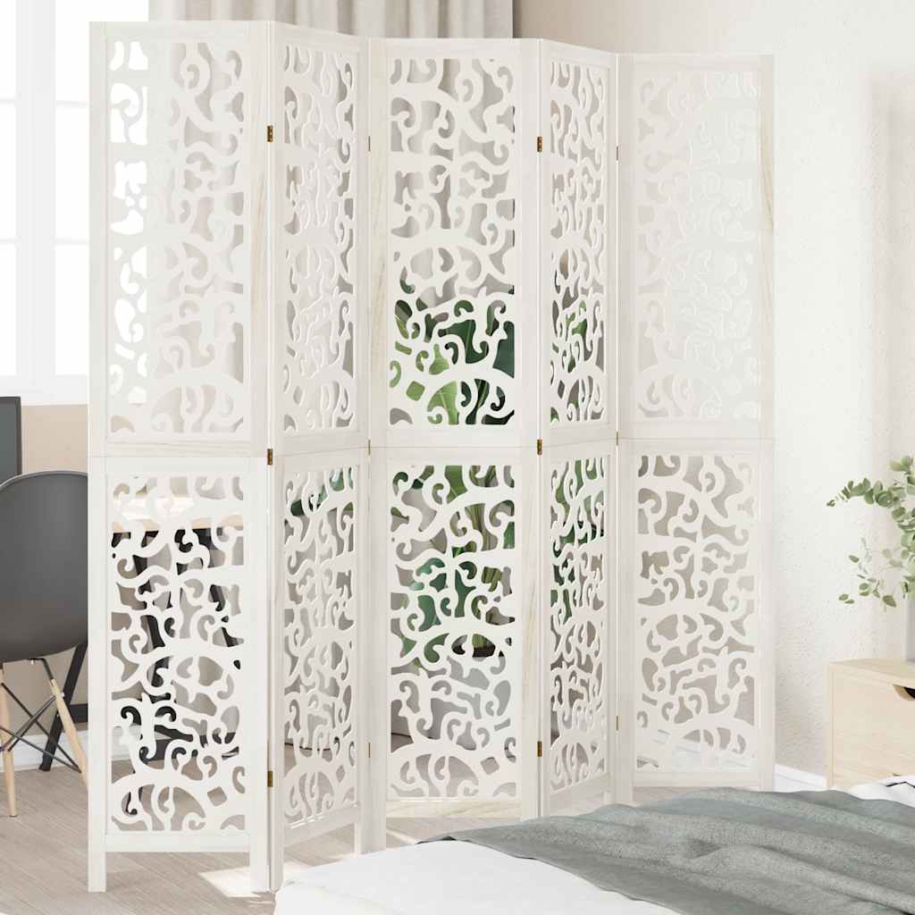 Room Divider 5 Panels White Solid Wood Paulownia