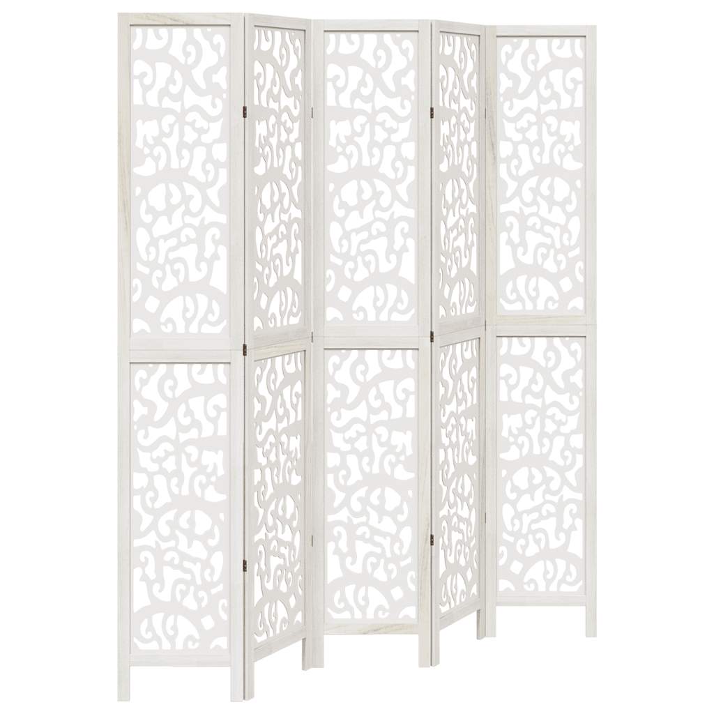 Room Divider 5 Panels White Solid Wood Paulownia