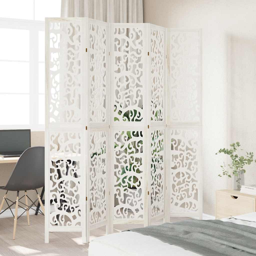 Room Divider 5 Panels White Solid Wood Paulownia