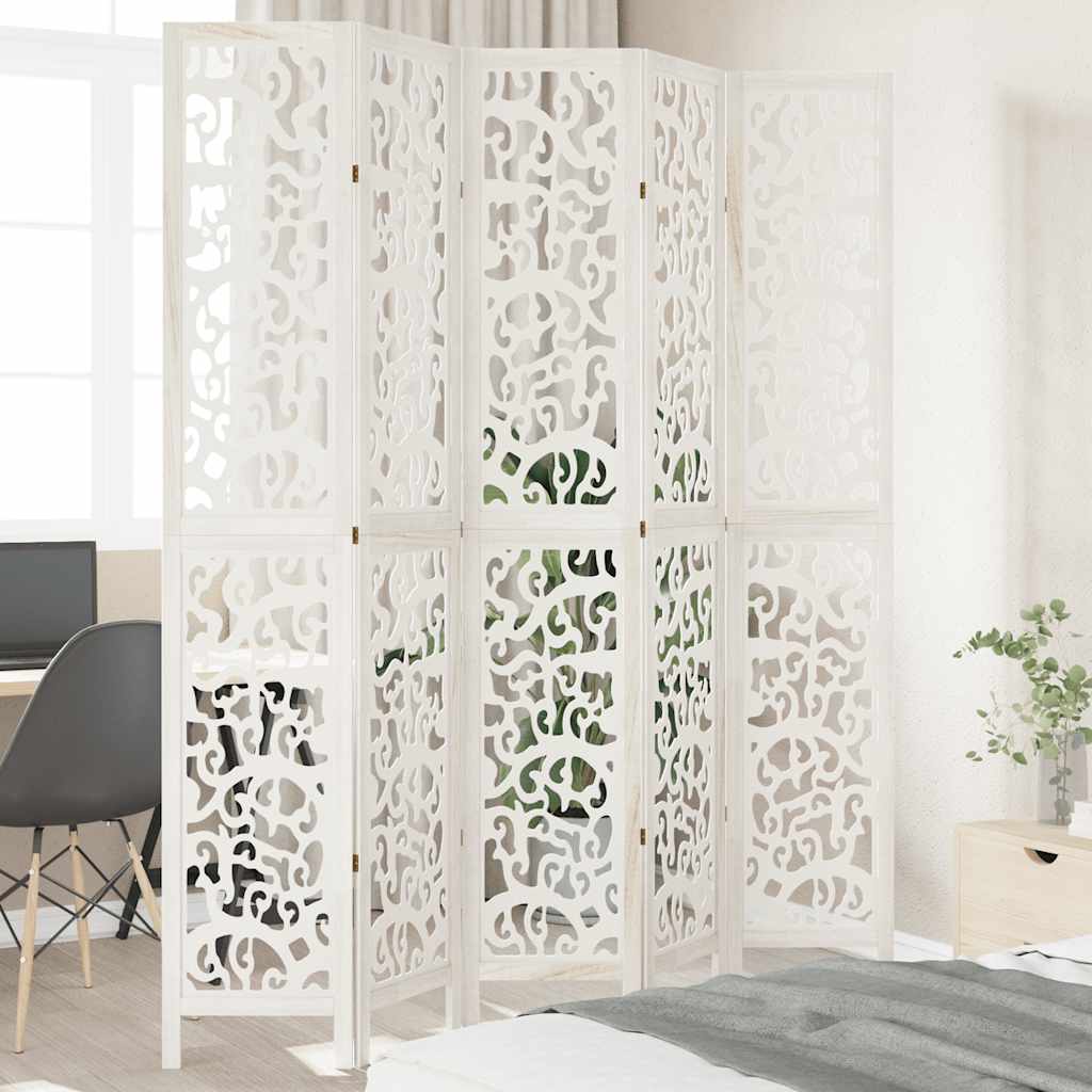 Room Divider 5 Panels White Solid Wood Paulownia