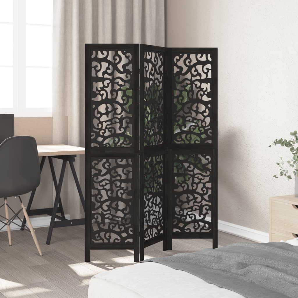 Room Divider 3 Panels Black Solid Wood Paulownia