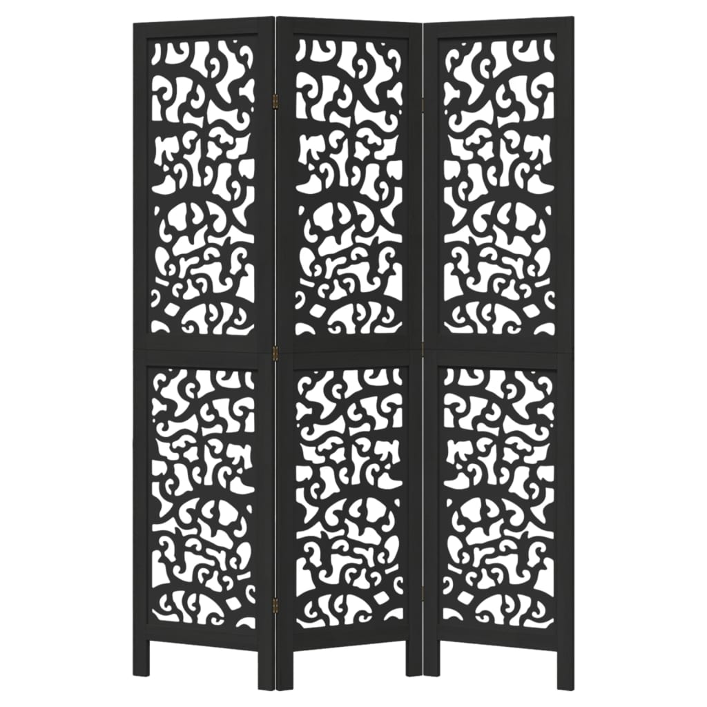 Room Divider 3 Panels Black Solid Wood Paulownia