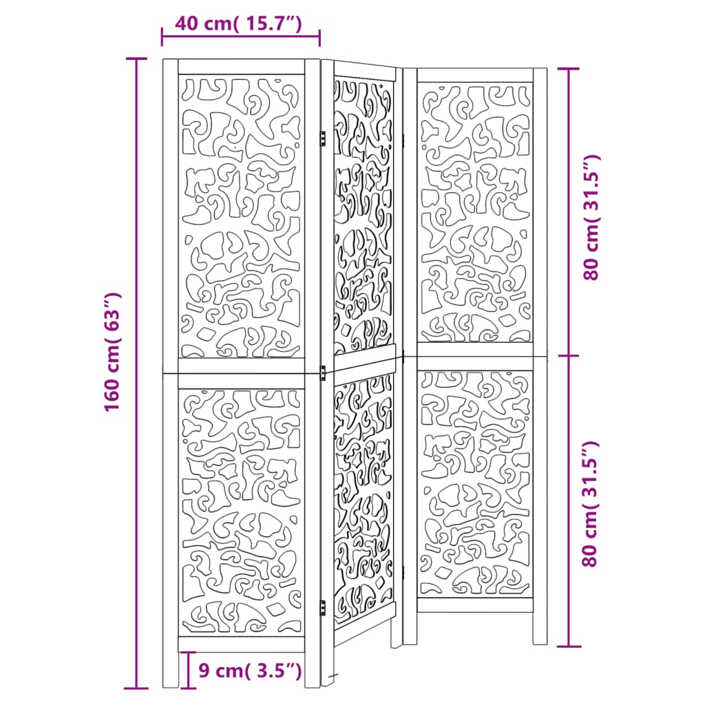 Room Divider 3 Panels Black Solid Wood Paulownia