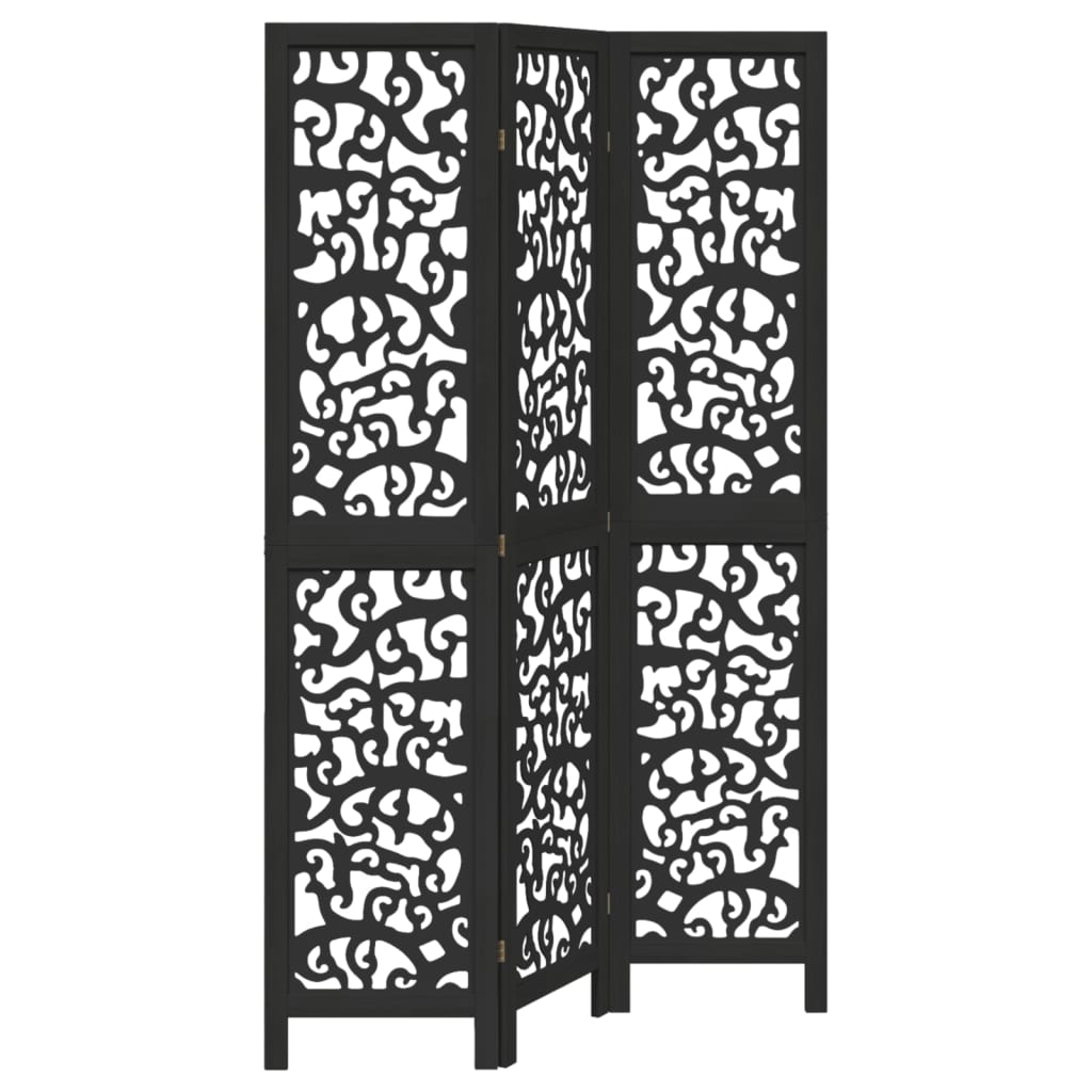 Room Divider 3 Panels Black Solid Wood Paulownia