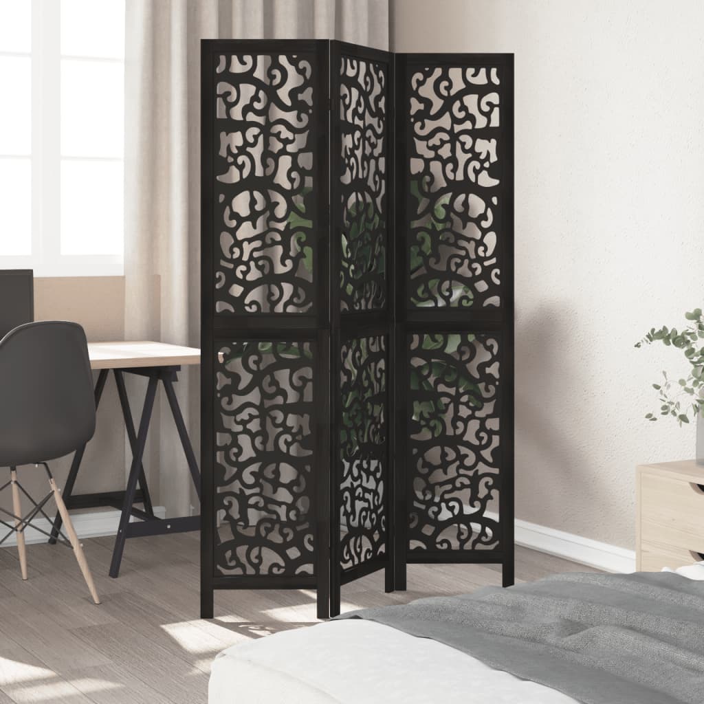 Room Divider 3 Panels Black Solid Wood Paulownia