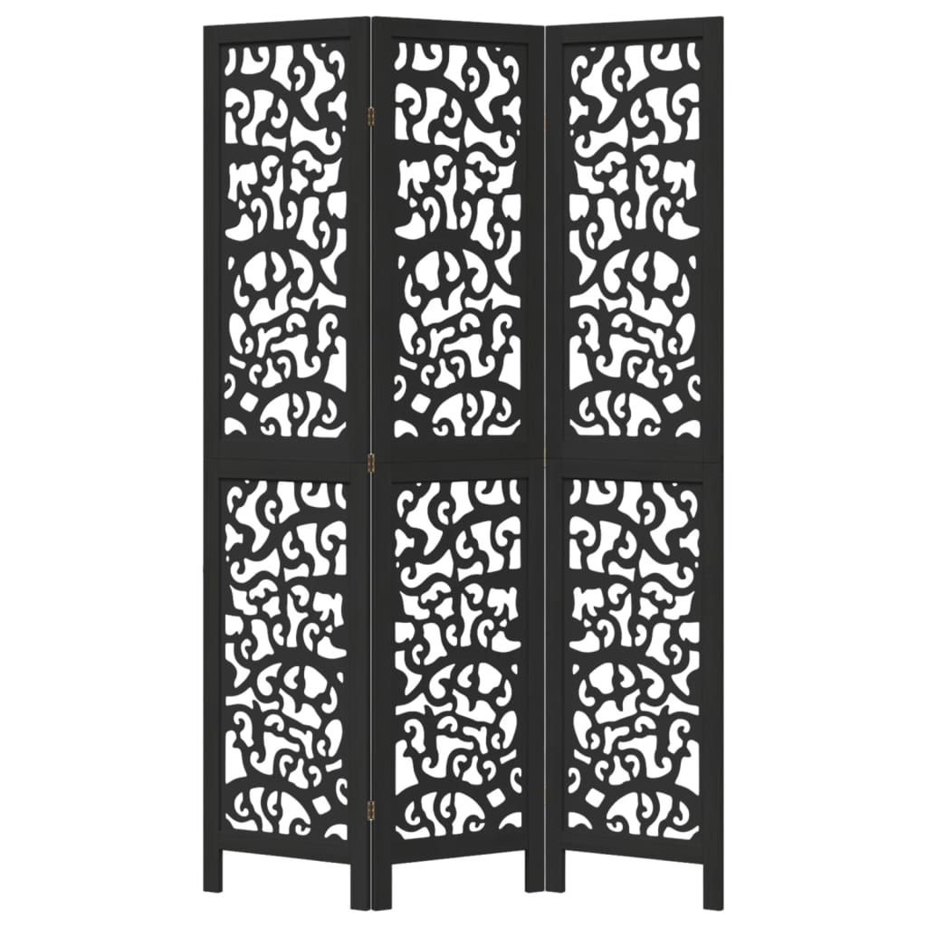 Room Divider 3 Panels Black Solid Wood Paulownia