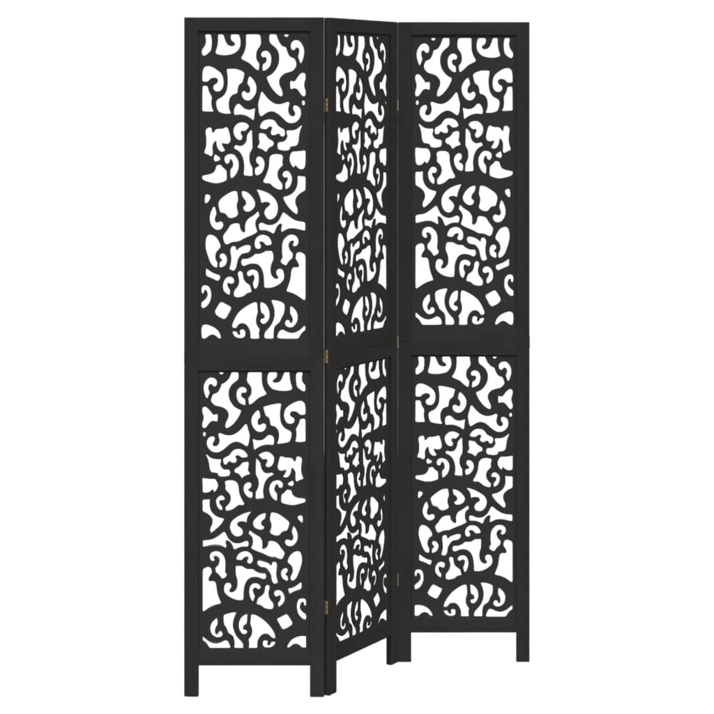 Room Divider 3 Panels Black Solid Wood Paulownia
