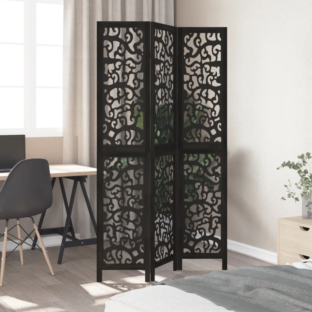 Room Divider 3 Panels Black Solid Wood Paulownia