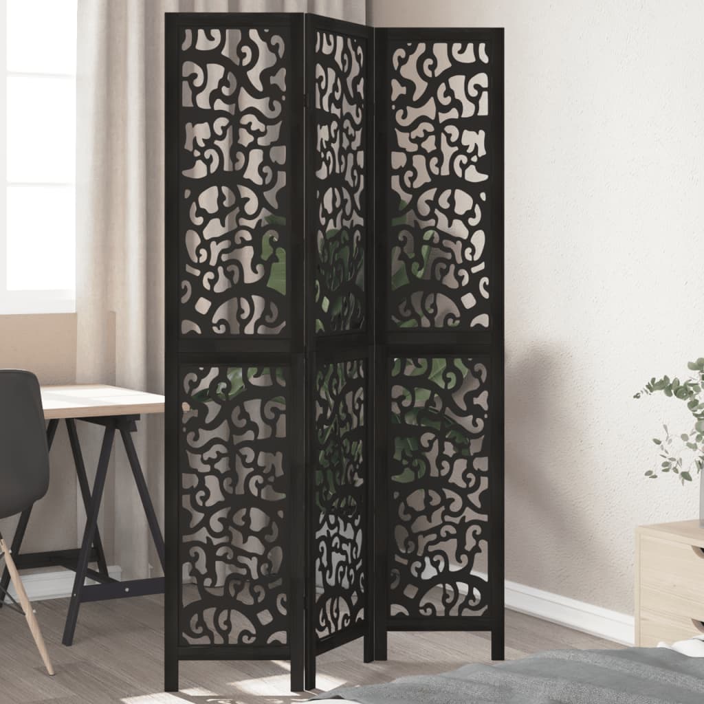 Room Divider 3 Panels Black Solid Wood Paulownia