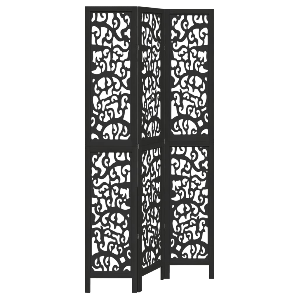 Room Divider 3 Panels Black Solid Wood Paulownia