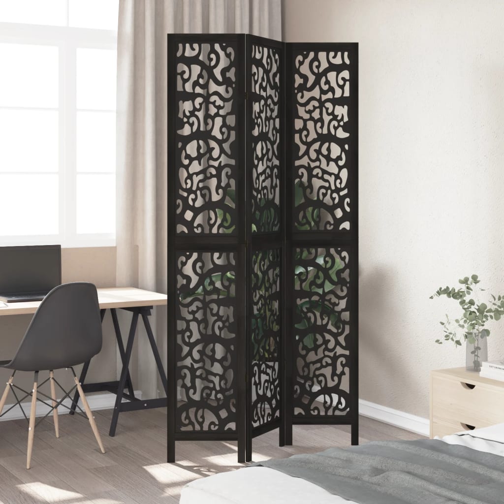 Room Divider 3 Panels Black Solid Wood Paulownia