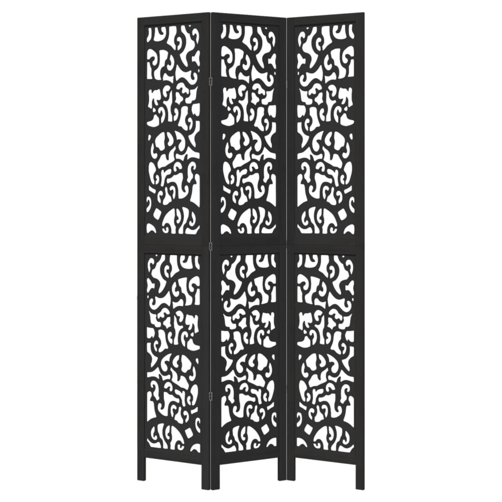 Room Divider 3 Panels Black Solid Wood Paulownia